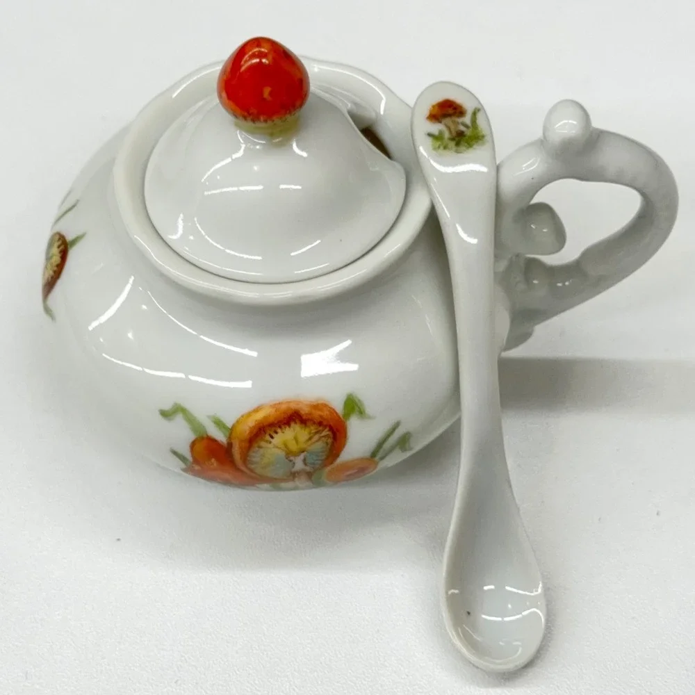 L Lancaster Hand Painted Mushroom Porcelain Jam Pot with Lid and‎ Spoon Vintage